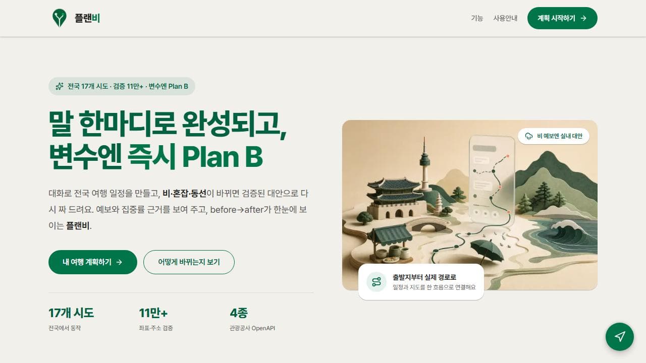 플랜비 (PlanB) — 전국 AI 여행 플래너 대표 이미지